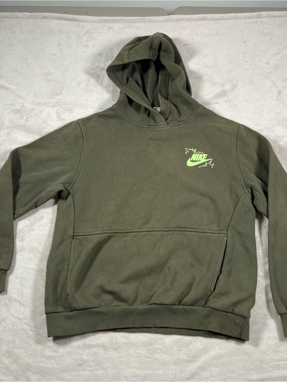 Nike Olive Hoodie with Neon Green Swoosh Medium